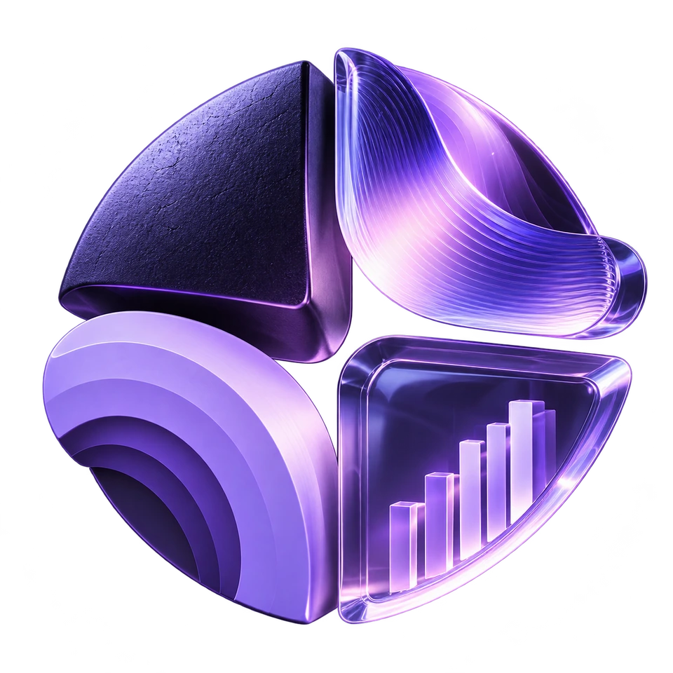 Four complementary purple forms representing strategy, creative, media, technology and data working together