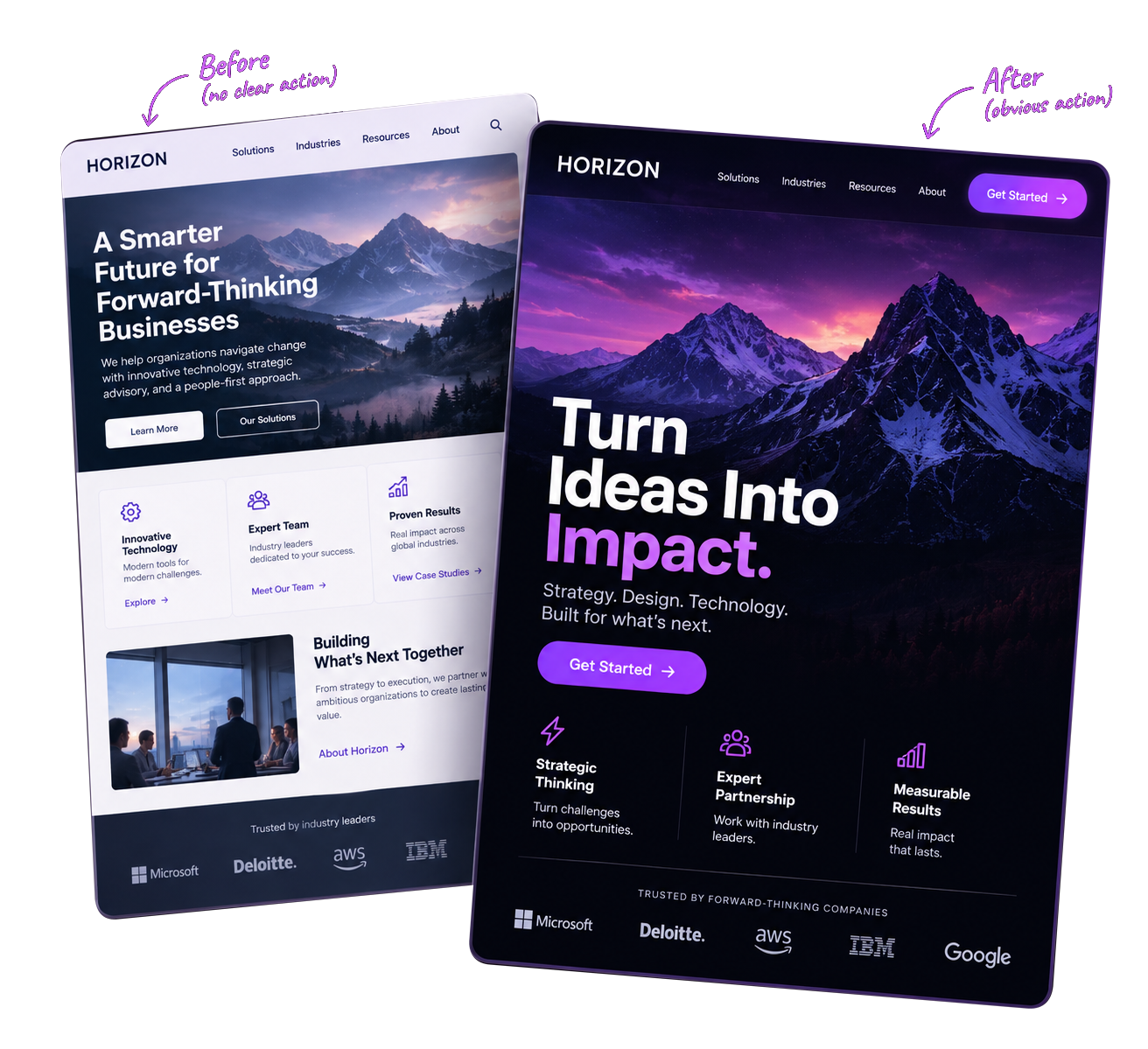 Before and after website design comparison showing how a clear action helps visitors move forward