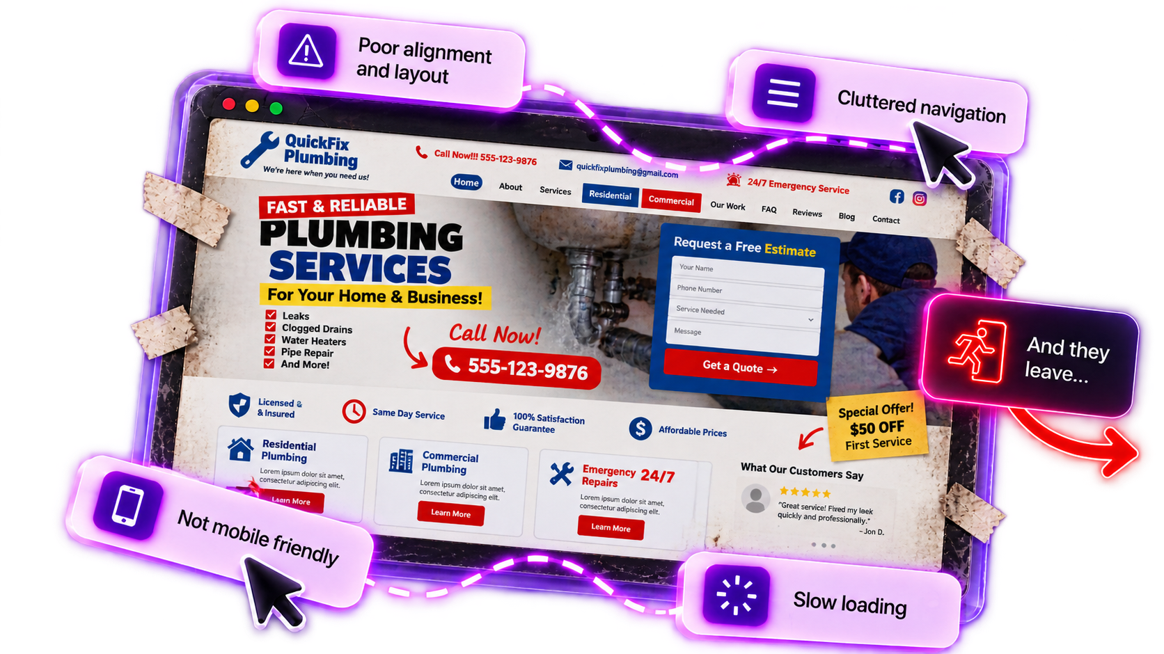 Outdated cleaning website with warnings for confusing navigation, slow loading and poor mobile experience as a visitor leaves