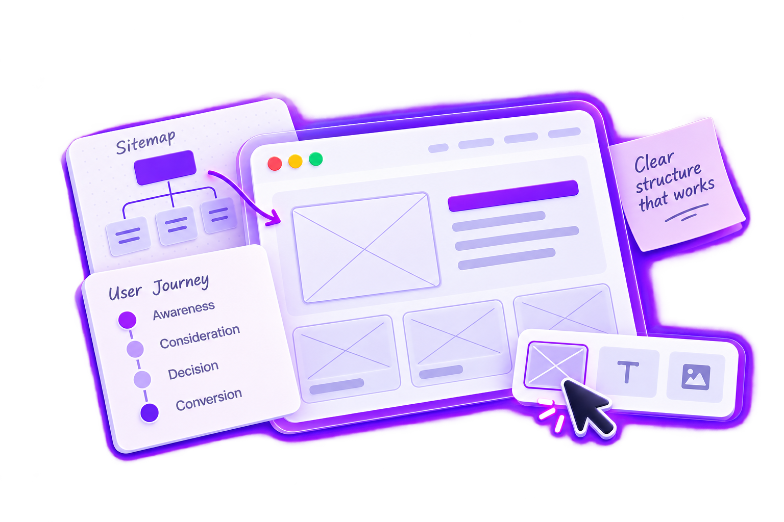 User experience planning illustration with sitemap, wireframe and user journey