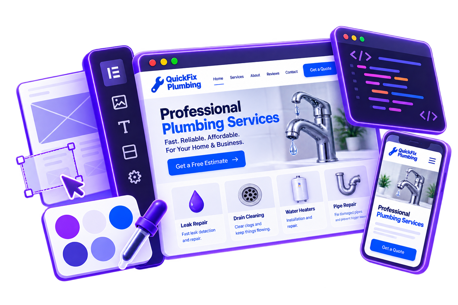 QuickFix Plumbing website design and responsive development illustration