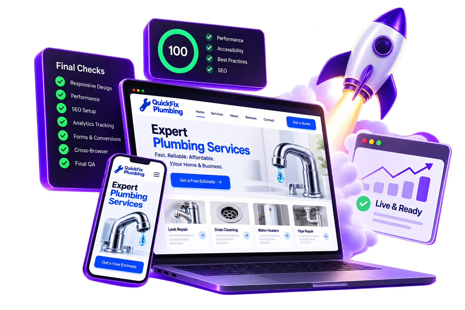 QuickFix Plumbing website launch illustration with final checks and performance